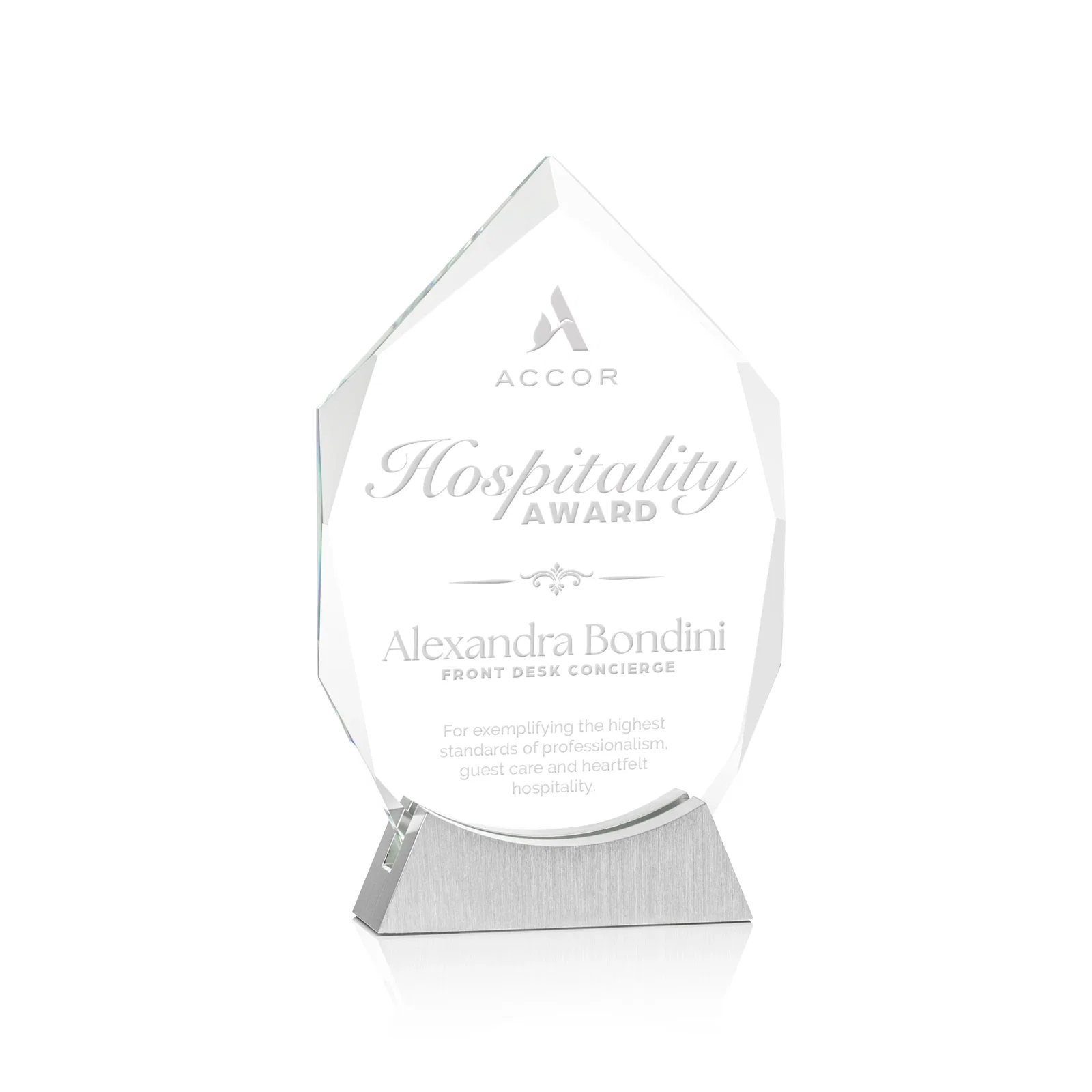 Custom Starfire Crystal Award With Beveled Edges on a Brushed Aluminum Foot, metal awards for corporate award ceremonies