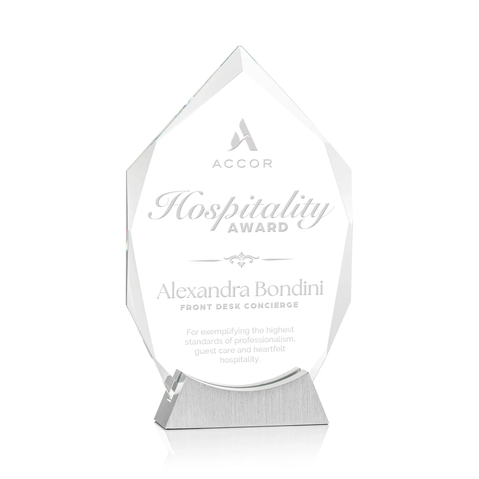 Custom Starfire Crystal Award With Beveled Edges on a Brushed Aluminum Foot, metal awards for service anniversary gifts
