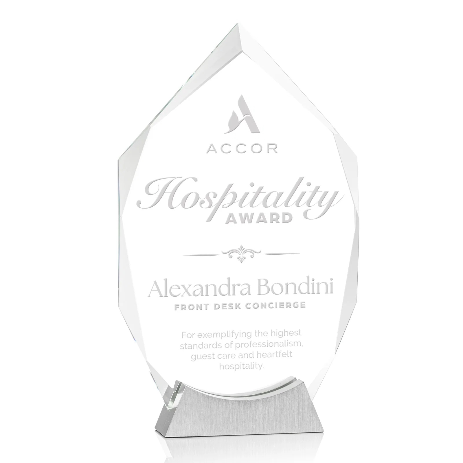 Custom Starfire Crystal Award With Beveled Edges on a Brushed Aluminum Foot, metal awards for sales achievement awards