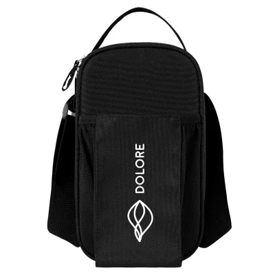 Slim four-can cooler sling in black recycled polyester