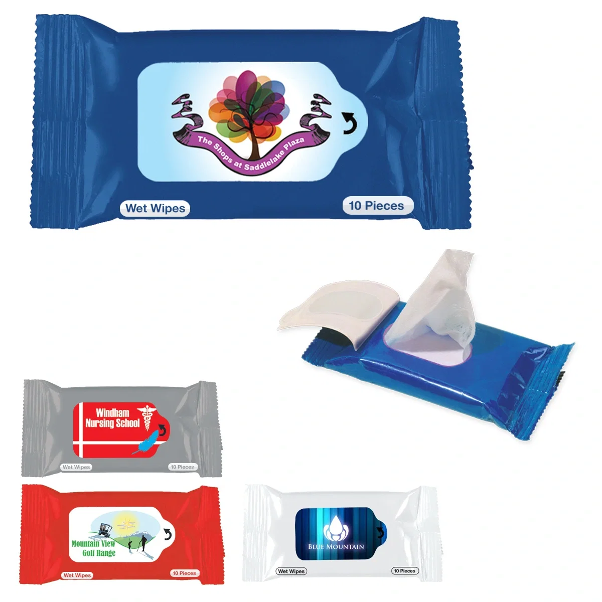 Wet wipe packet with a full color printed front panel