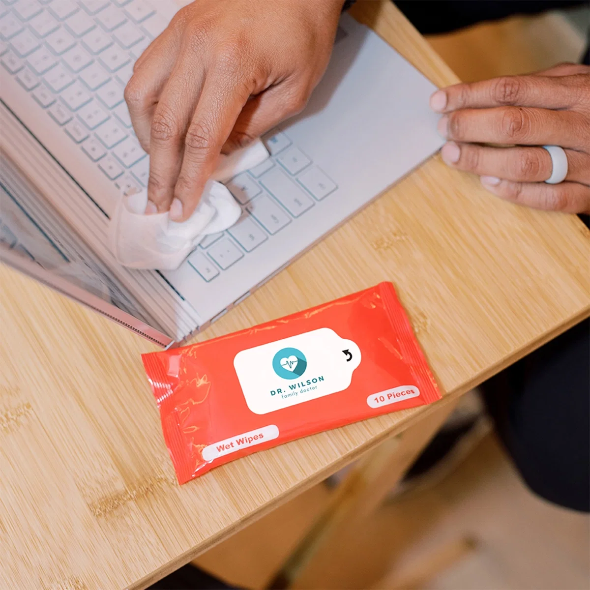Wet Wipe Packet in use