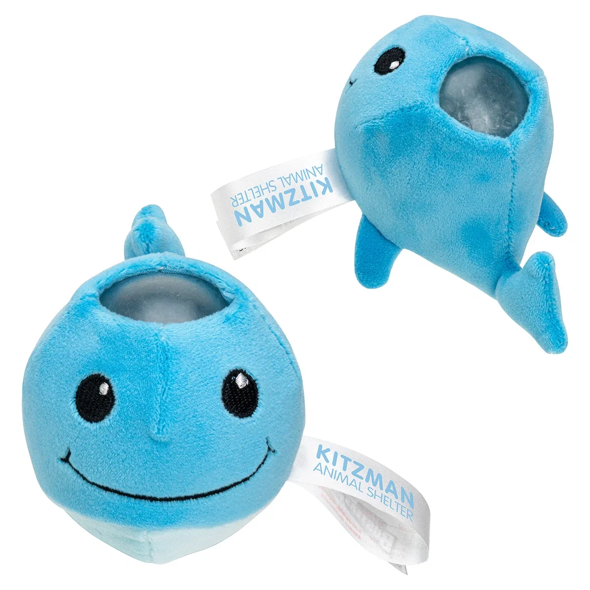 Branded whale plush stress reliever showing soft gel-core plush, detail view