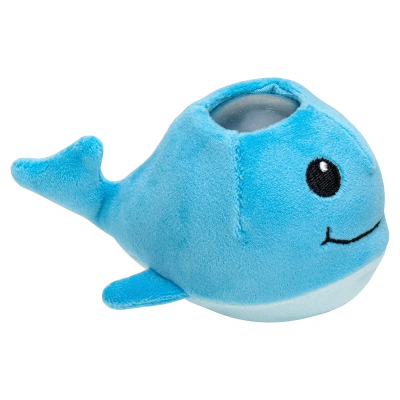Branded whale plush stress reliever showing soft gel-core plush, detail view