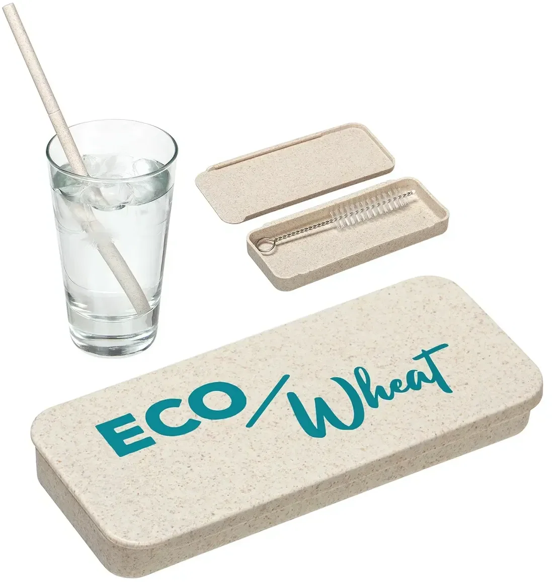 Wheat straw kit with cleaning brush and custom logo, promotional reusable straw kit front view