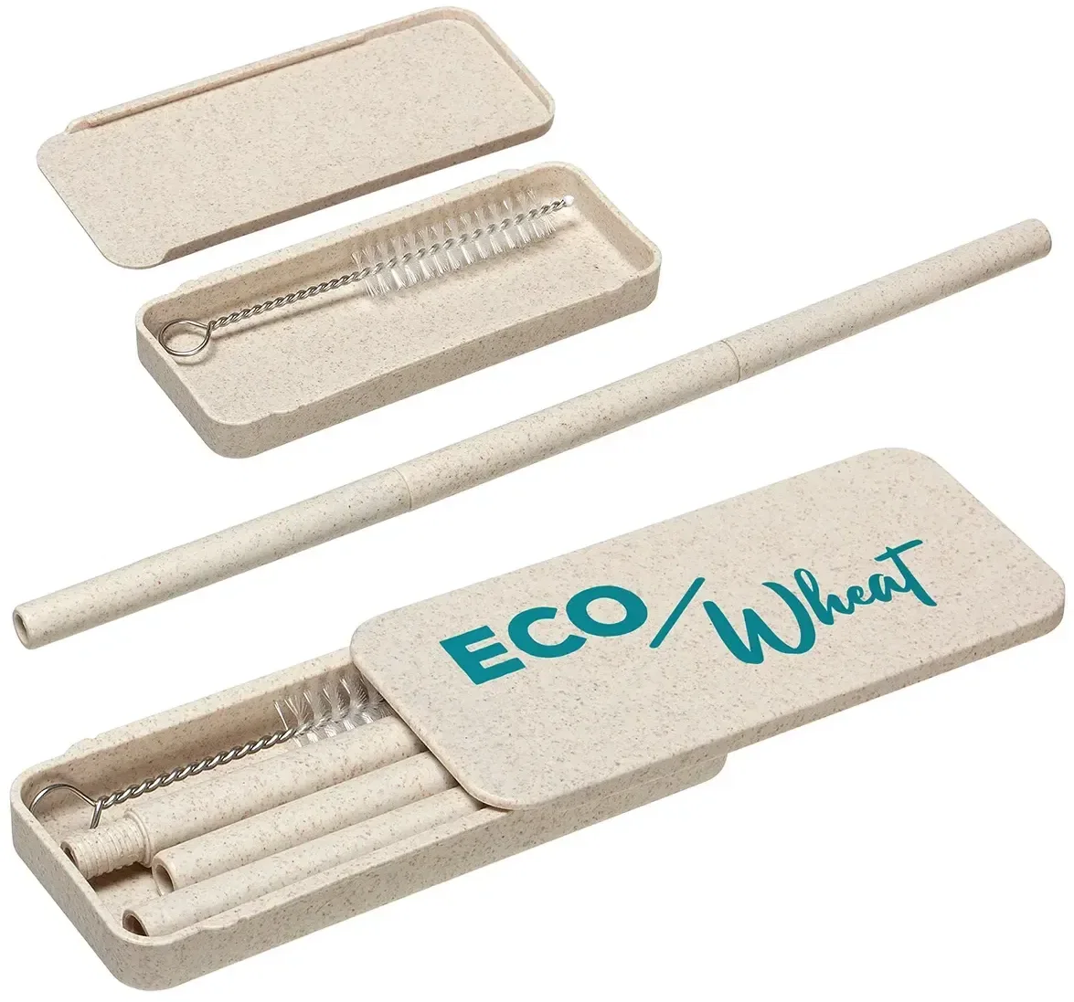 Custom branded wheat straw unscrewed alongside its cleaning brush, detail view