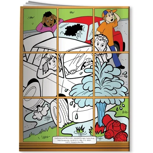 When to Call 9-1-1 Coloring Book inside page showing real emergency examples for kids to color