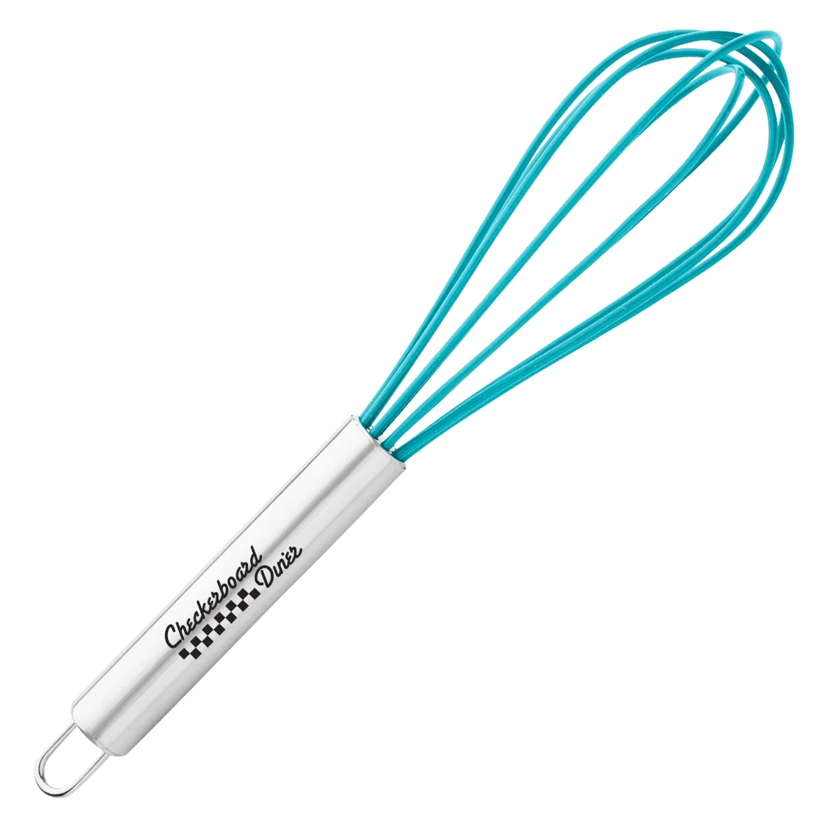 Kitchen whisk standing ten inches tall with a rounded head