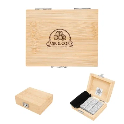 Whiskey stones packed inside an open bamboo box