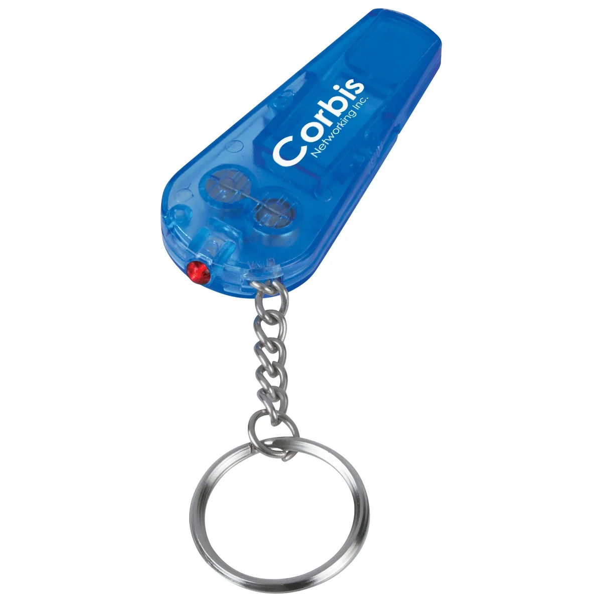 Whistle and light combo on a key chain under three inches wide