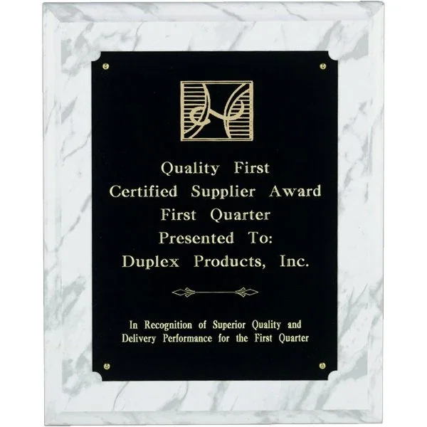 White marble finish wood award plaque with lasered black brass plate, gift box included