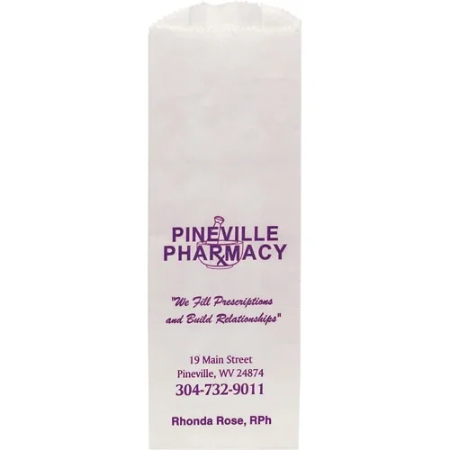 White paper pharmacy bag, 3.5x2x10.25 in, serrated top and side gussets, recyclable narrow size