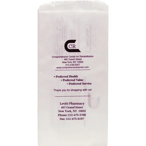White paper pharmacy bag, 5x2.5x10 in, serrated top and side gussets, recyclable, front view
