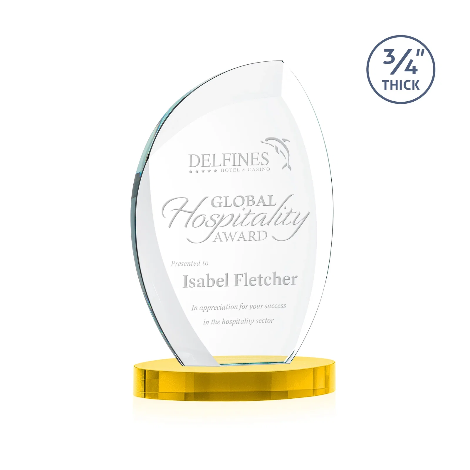 Custom Starfire Crystal Arch Award, 3/4 Inch Thick with Sweeping Bevels, awards for dealer and partner awards