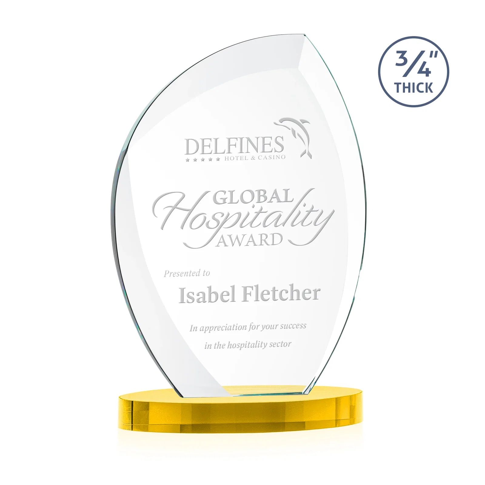 Custom Starfire Crystal Arch Award, 3/4 Inch Thick with Sweeping Bevels, awards for company anniversary events