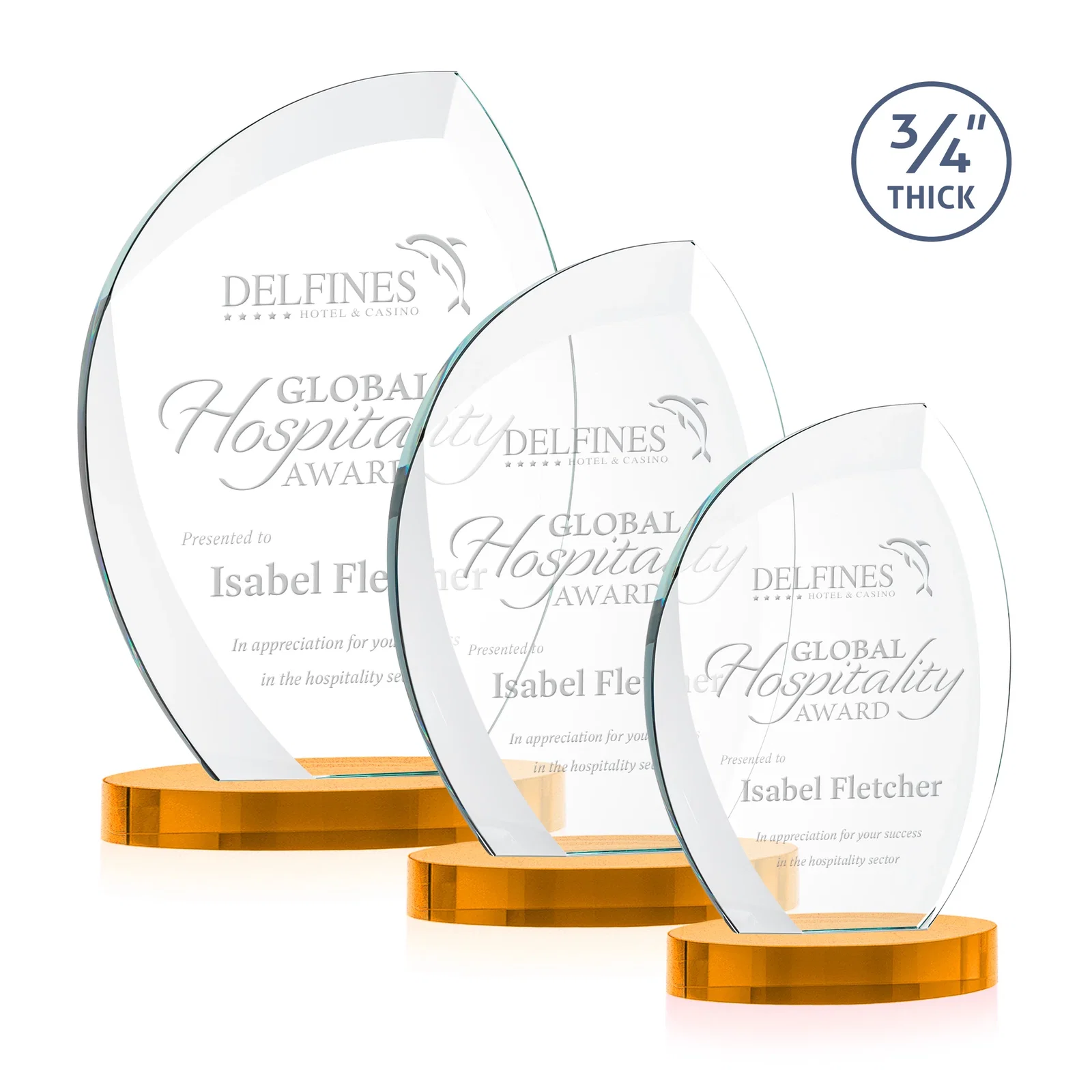 Custom Starfire Crystal Arch Award, 3/4 Inch Thick with Sweeping Bevels, awards for retirement presentations
