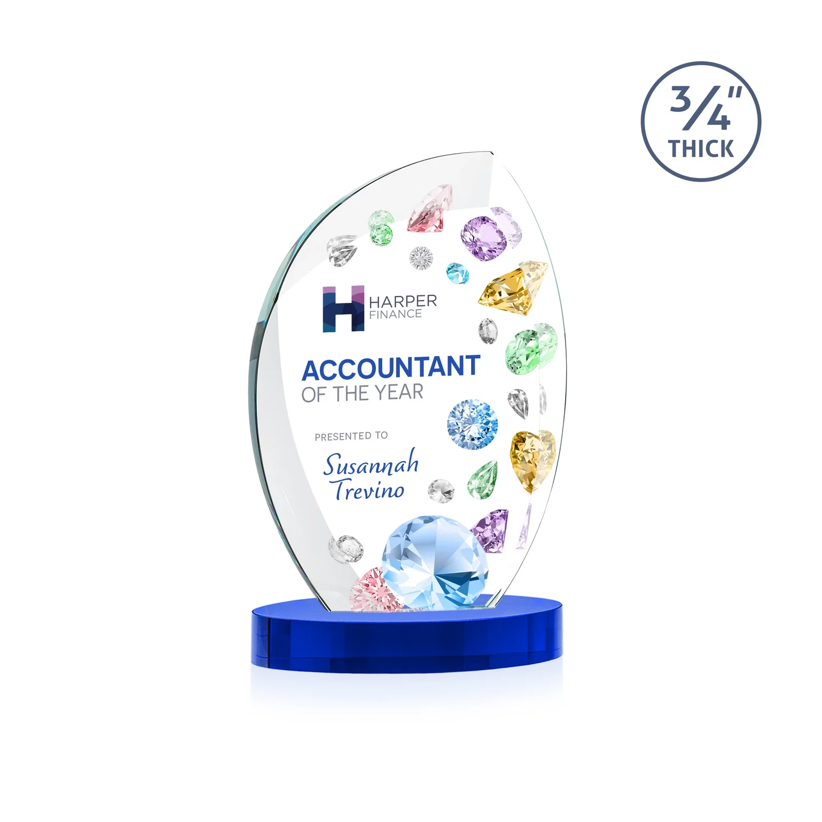Custom printed Starfire Crystal Arch Award, 3/4 Inch Thick with Sweeping Bevels, awards for corporate award ceremonies
