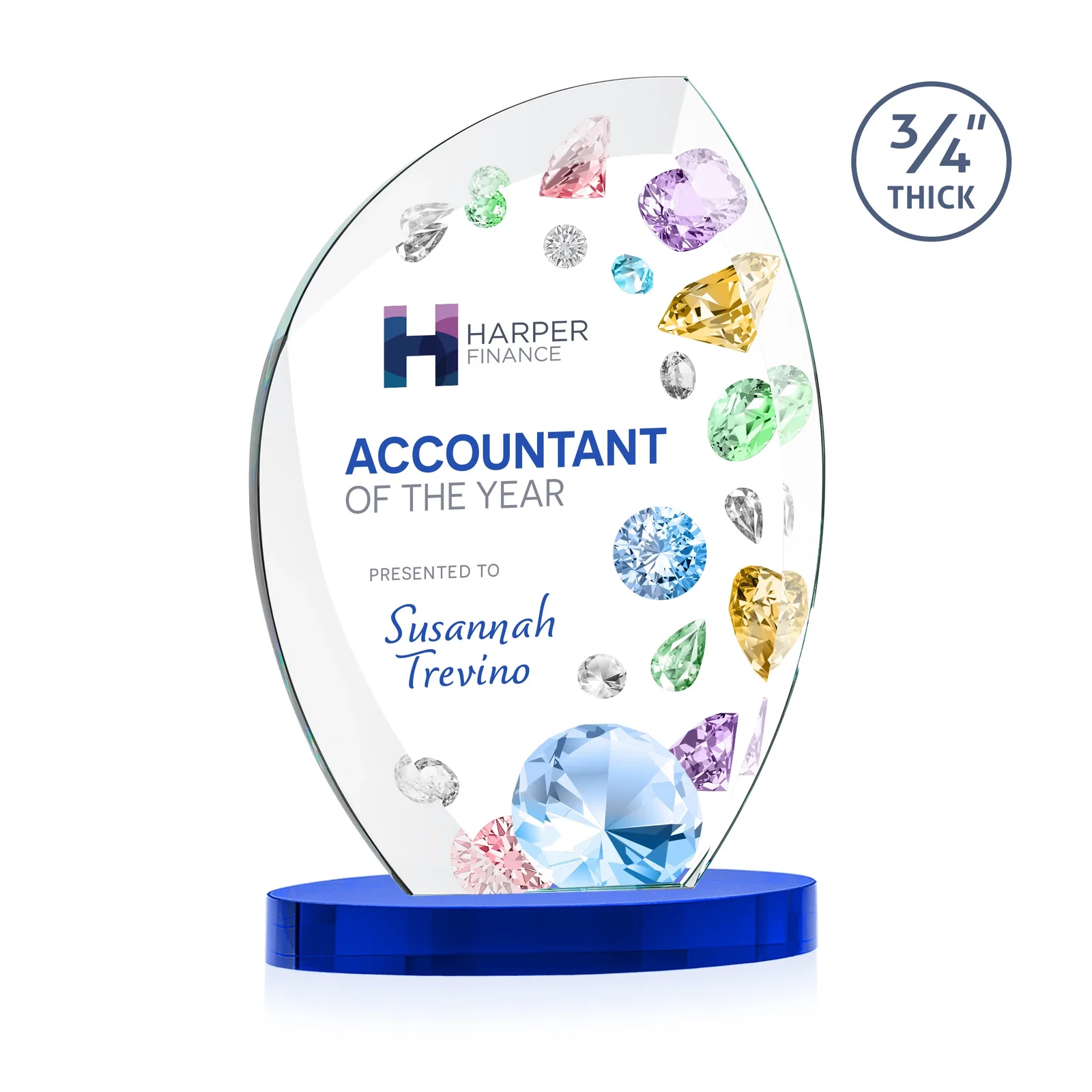 Custom printed Starfire Crystal Arch Award, 3/4 Inch Thick with Sweeping Bevels, awards for sales achievement awards