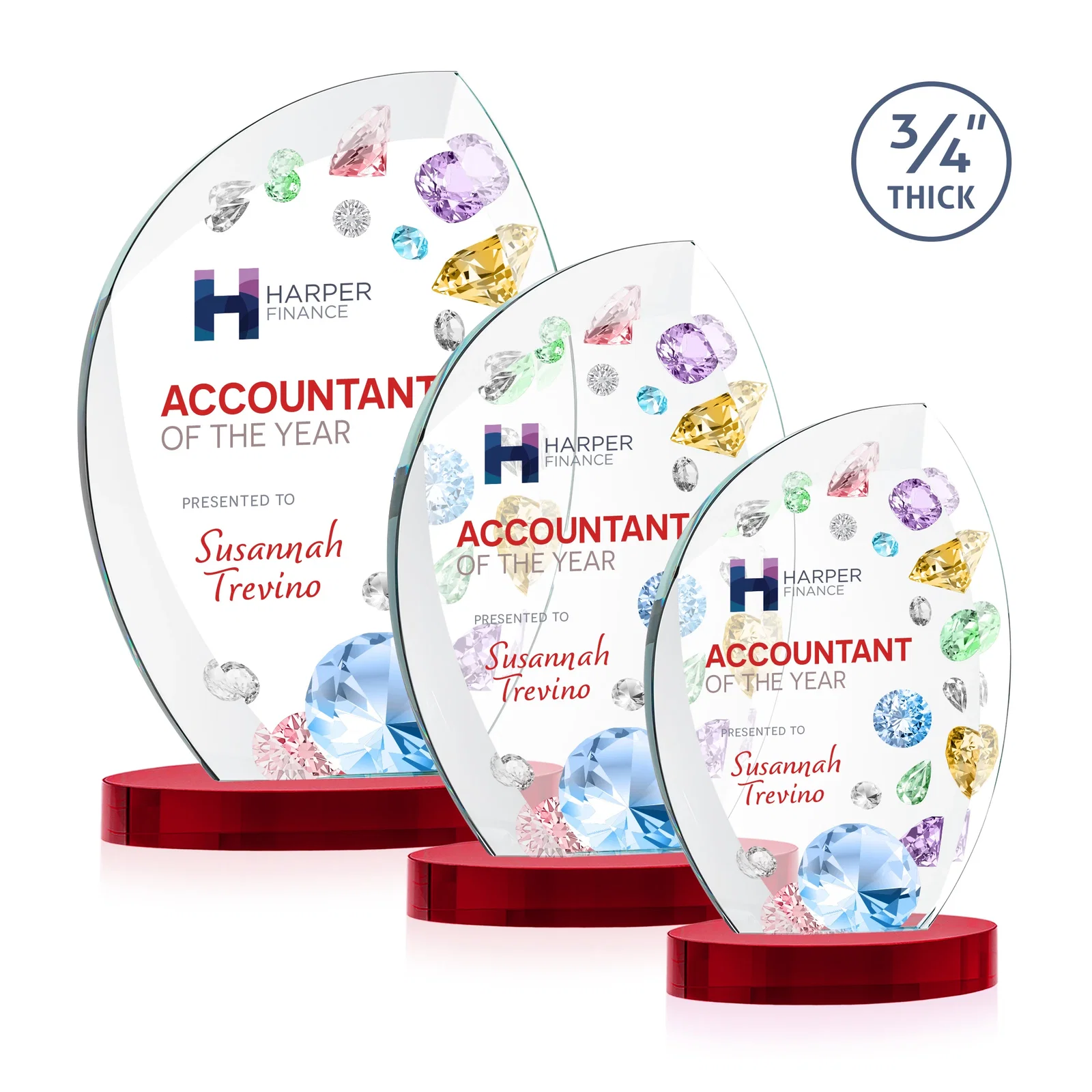 Custom printed Starfire Crystal Arch Award, 3/4 Inch Thick with Sweeping Bevels, awards for retirement presentations