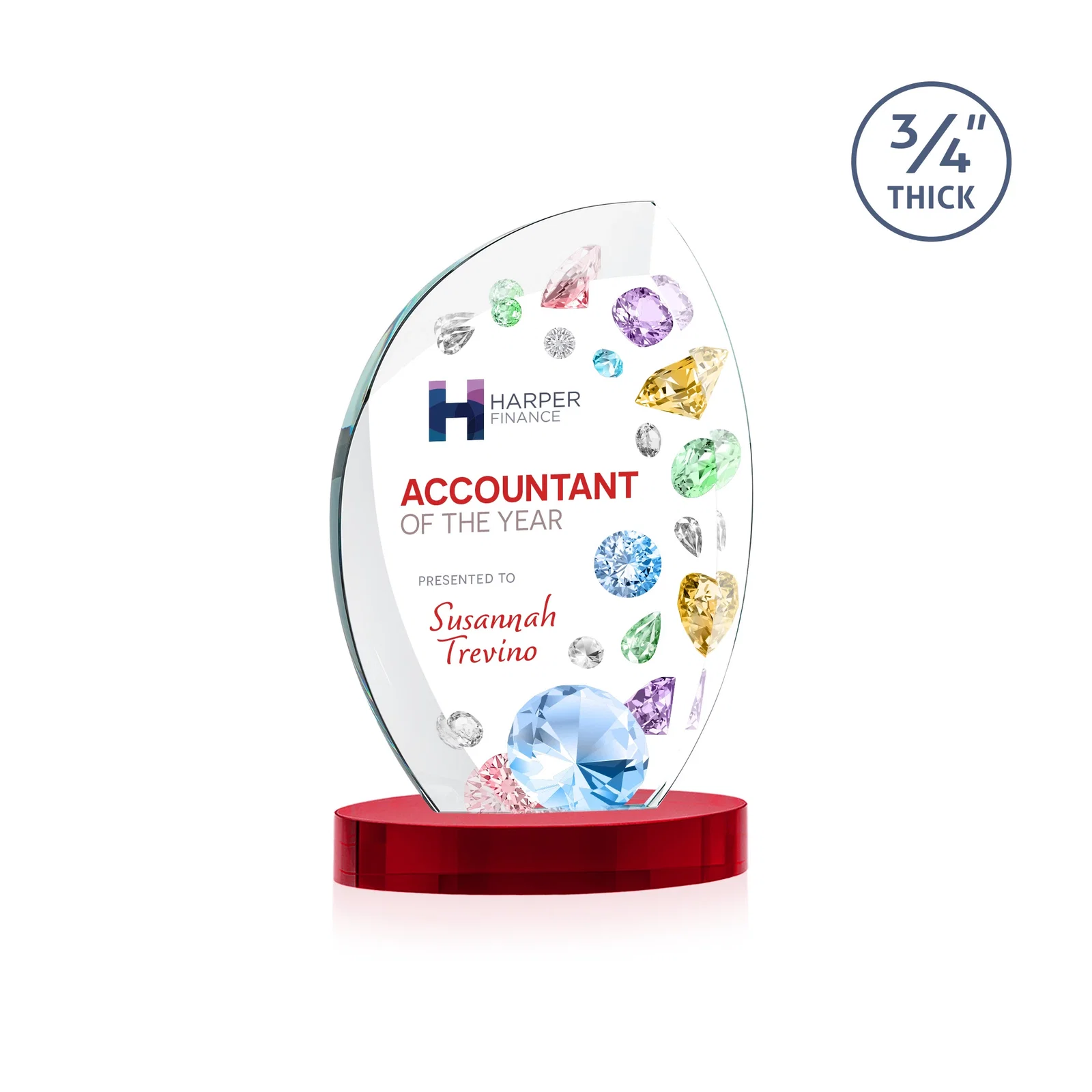 Custom printed Starfire Crystal Arch Award, 3/4 Inch Thick with Sweeping Bevels, awards for team milestone celebrations