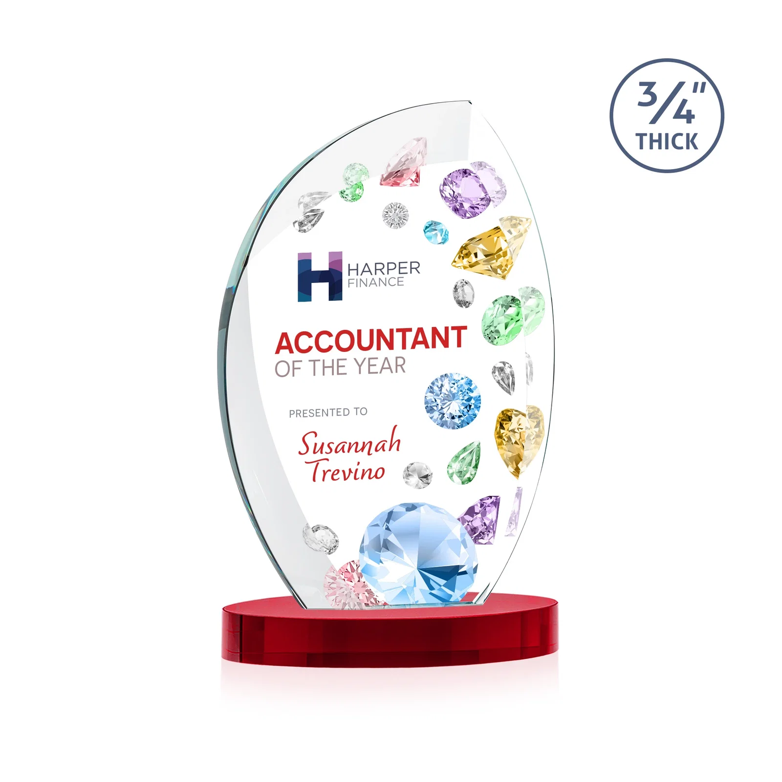 Custom printed Starfire Crystal Arch Award, 3/4 Inch Thick with Sweeping Bevels, awards for donor appreciation