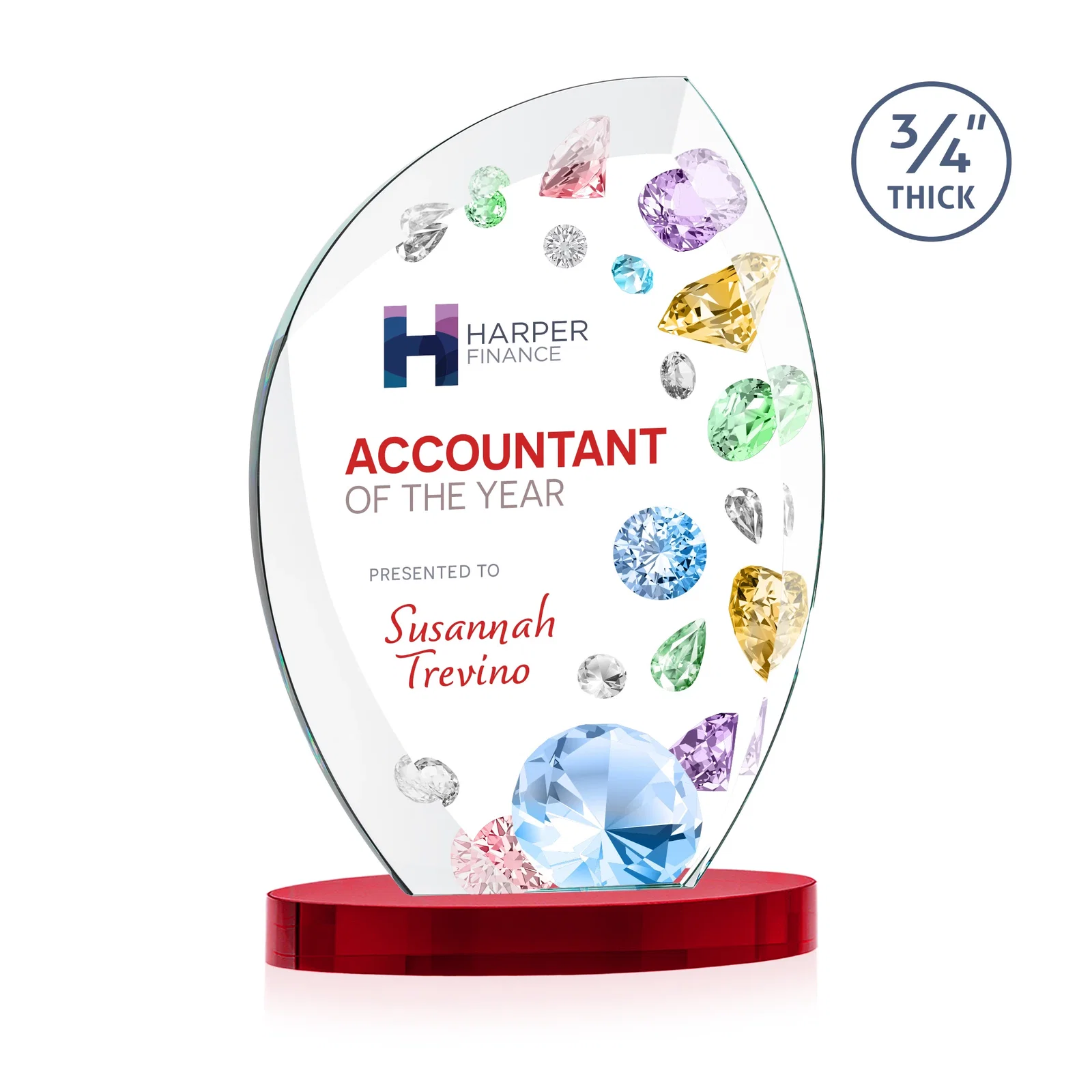 Custom printed Starfire Crystal Arch Award, 3/4 Inch Thick with Sweeping Bevels, awards for graduation ceremonies