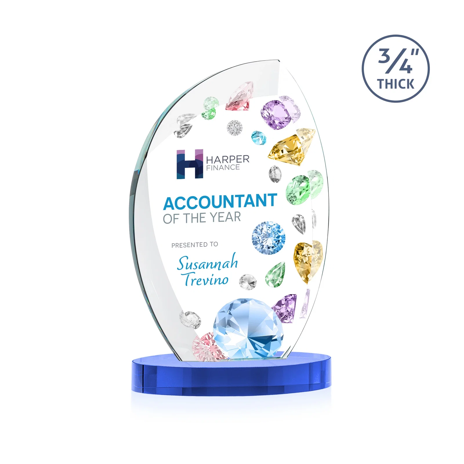 Custom printed Starfire Crystal Arch Award, 3/4 Inch Thick with Sweeping Bevels, awards for dealer and partner awards