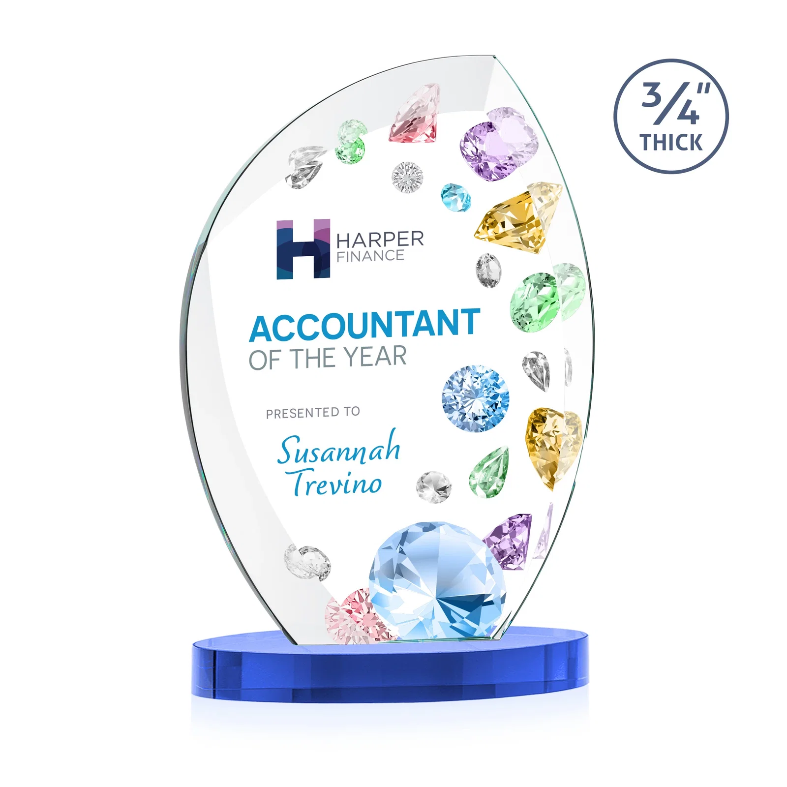 Custom printed Starfire Crystal Arch Award, 3/4 Inch Thick with Sweeping Bevels, awards for company anniversary events