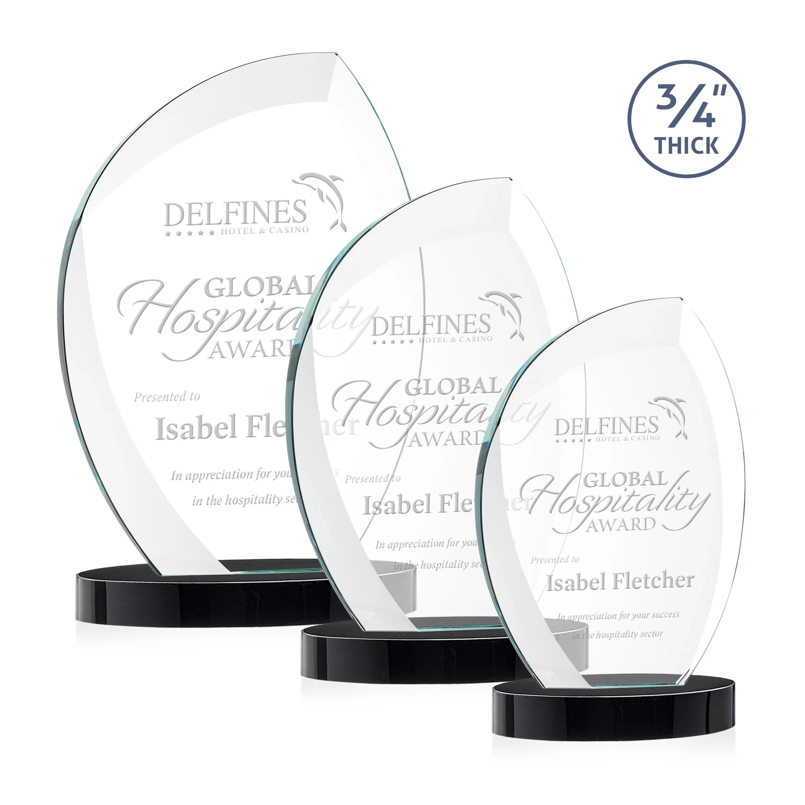 Customized Starfire Crystal Arch Award, 3/4 Inch Thick with Sweeping Bevels, awards for retirement presentations