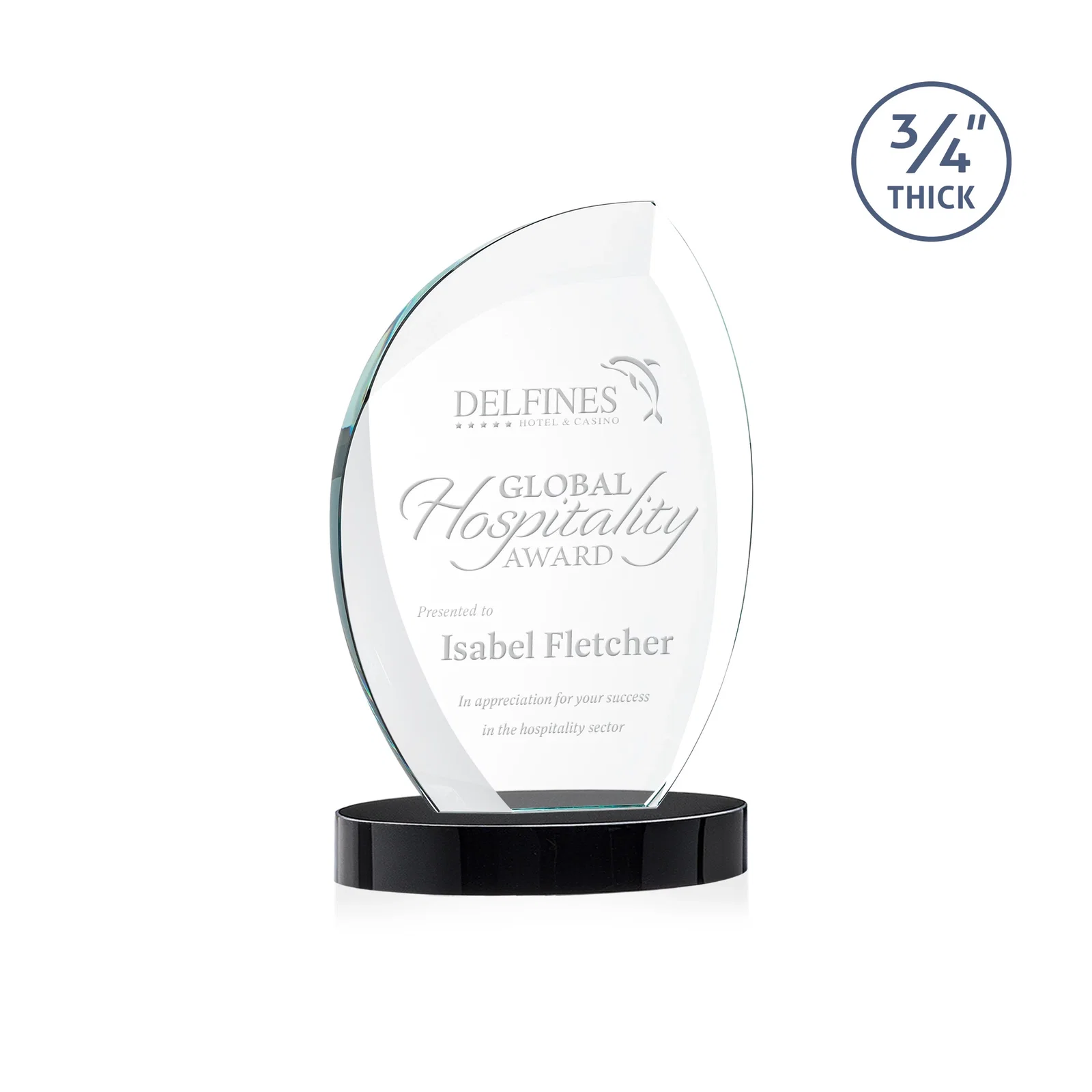 Customized Starfire Crystal Arch Award, 3/4 Inch Thick with Sweeping Bevels, awards for team milestone celebrations