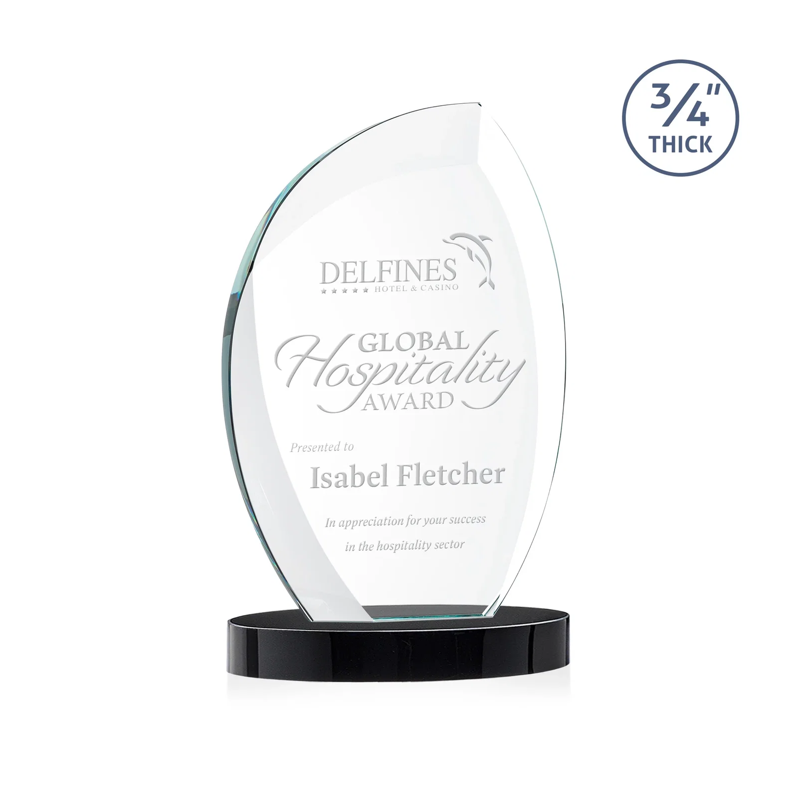 Customized Starfire Crystal Arch Award, 3/4 Inch Thick with Sweeping Bevels, awards for donor appreciation