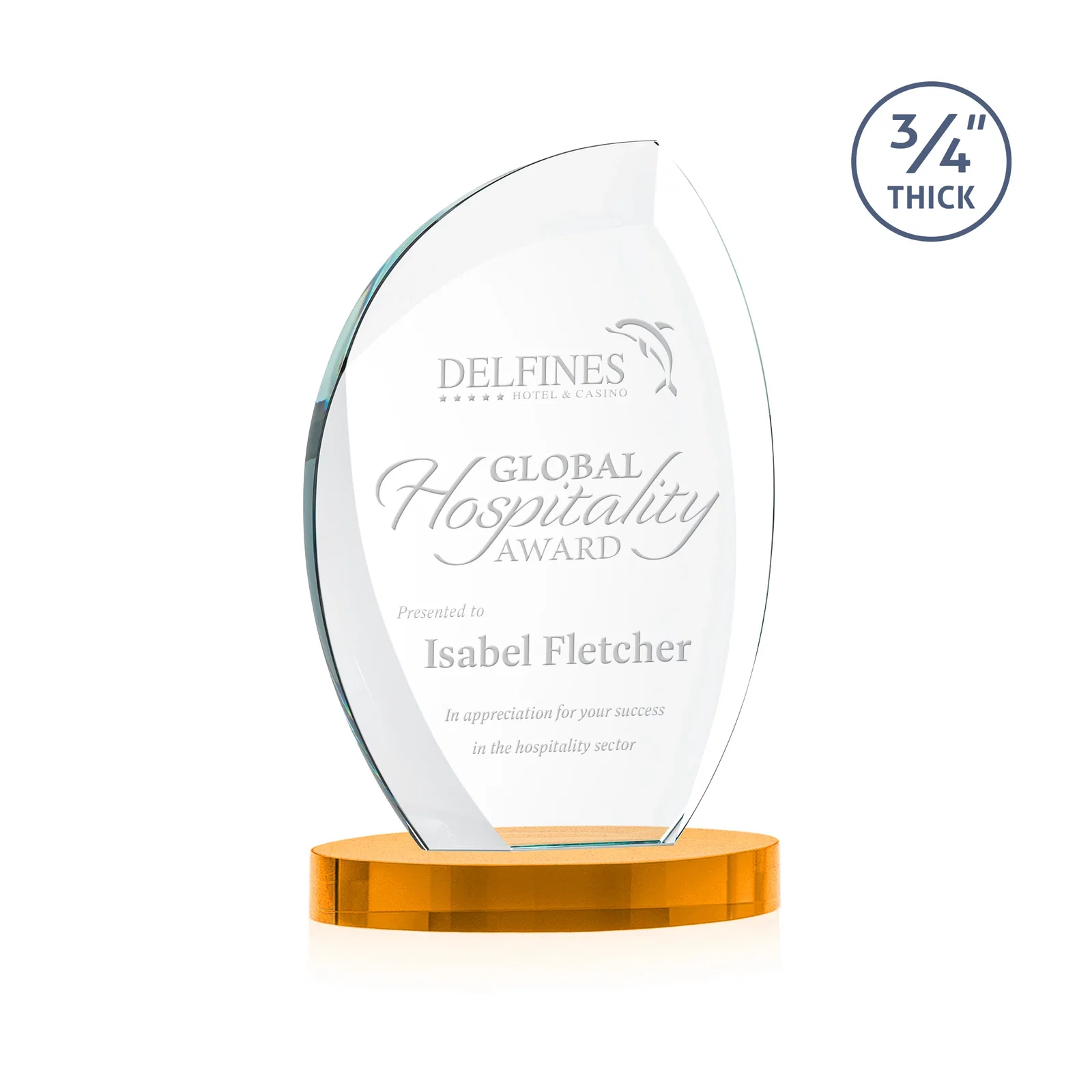 Custom Starfire Crystal Arch Award, 3/4 Inch Thick with Sweeping Bevels, awards for donor appreciation