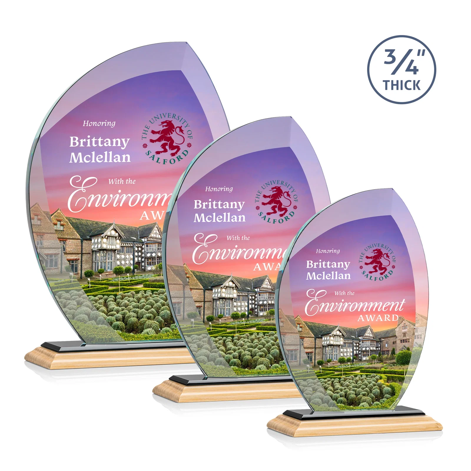 Custom engraved Starfire Crystal Arch Award on Rosewood and Bamboo Base for volunteer appreciation