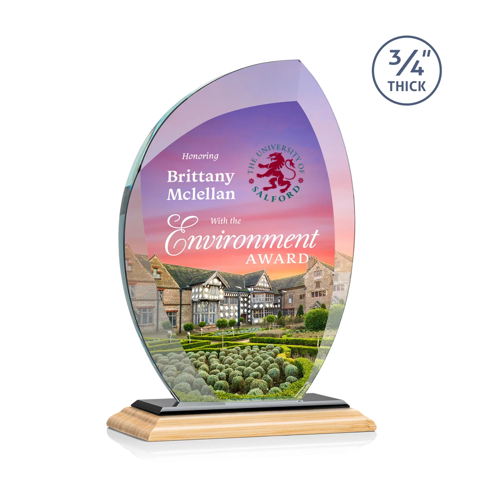 Custom engraved Starfire Crystal Arch Award on Rosewood and Bamboo Base for dealer and partner awards