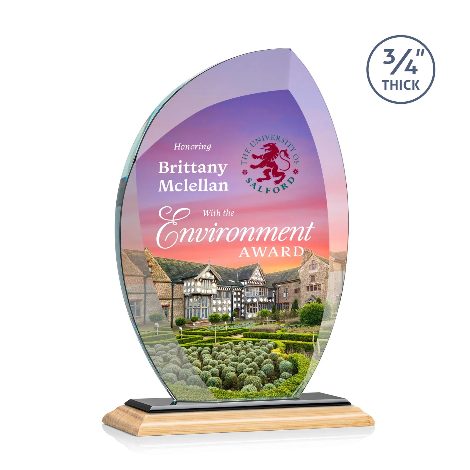 Custom engraved Starfire Crystal Arch Award on Rosewood and Bamboo Base for company anniversary events