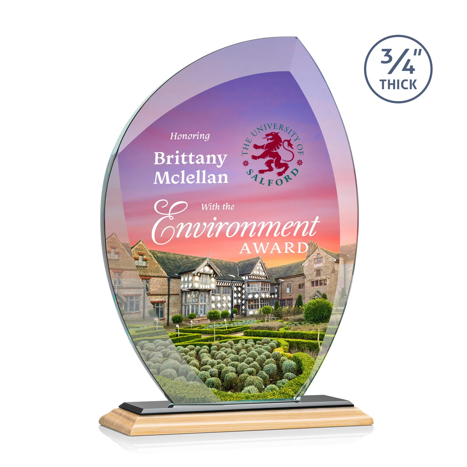 Custom Starfire Crystal Arch Award on Rosewood and Bamboo Base, with your logo for employee recognition