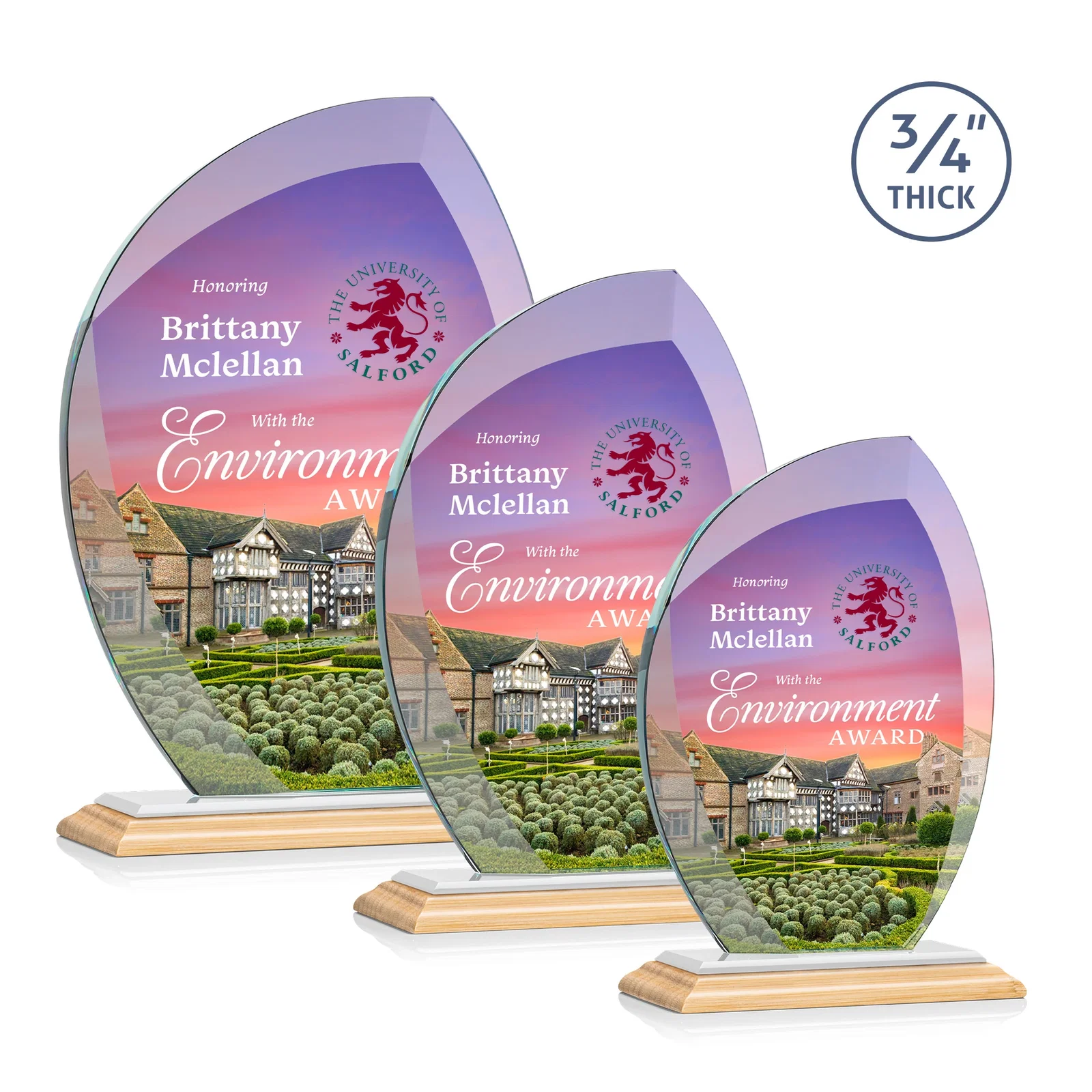 Custom Starfire Crystal Arch Award on Rosewood and Bamboo Base, with your logo for corporate award ceremonies