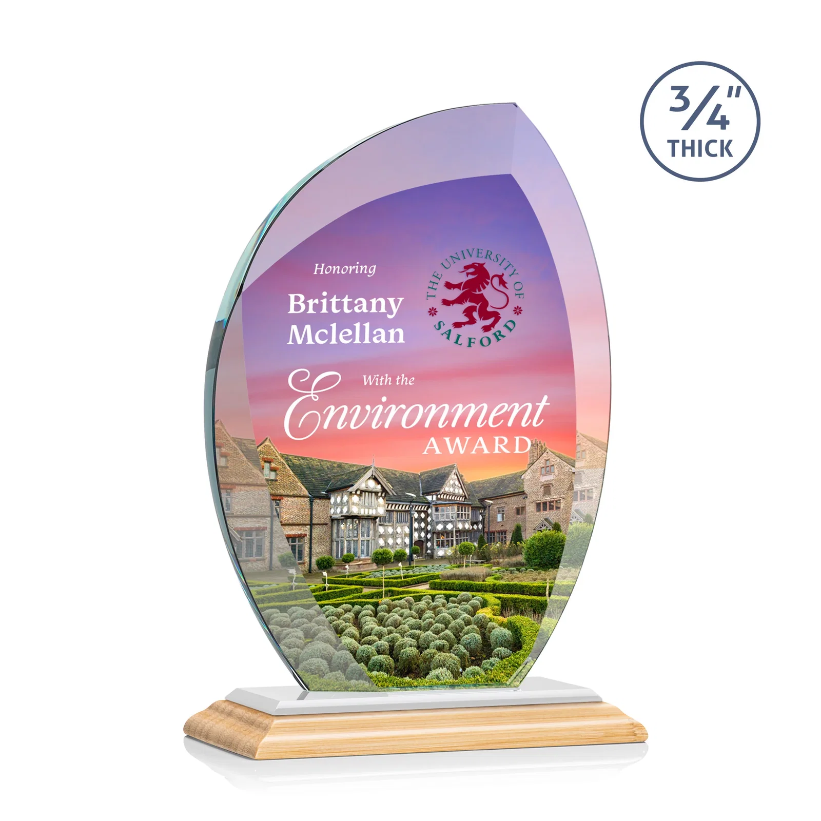Custom Starfire Crystal Arch Award on Rosewood and Bamboo Base, with your logo for service anniversary gifts