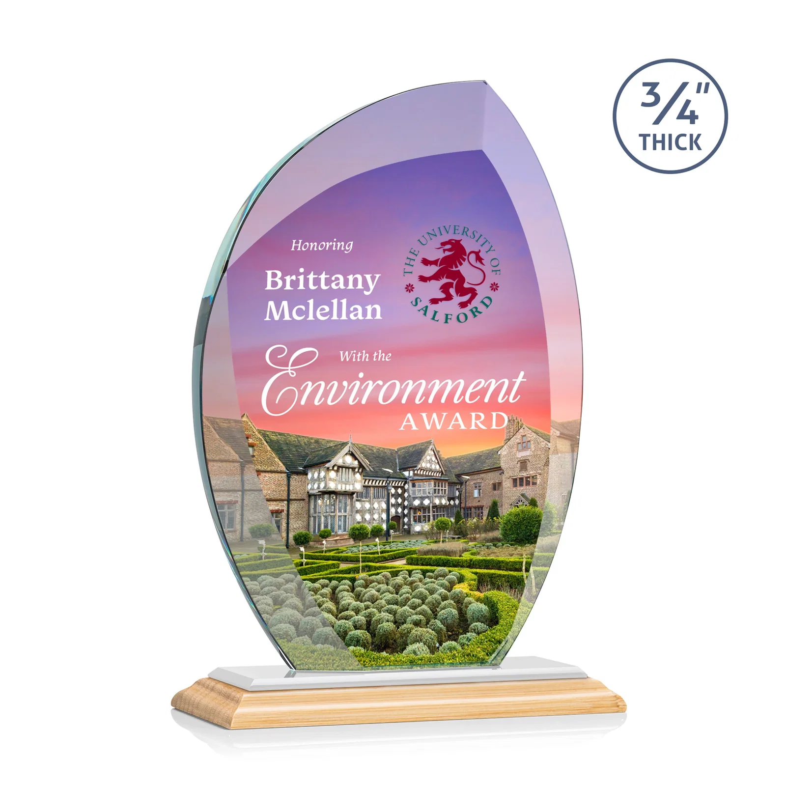 Custom Starfire Crystal Arch Award on Rosewood and Bamboo Base, with your logo for sales achievement awards