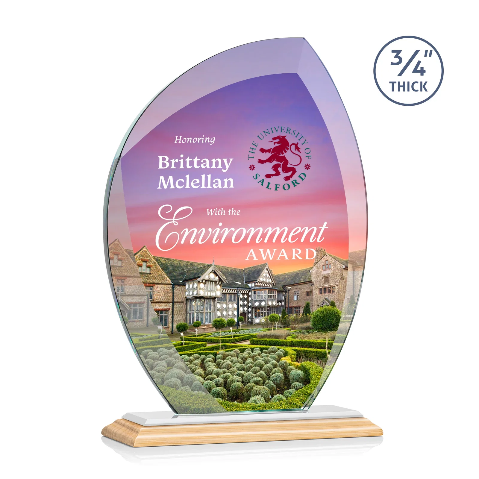 Custom Starfire Crystal Arch Award on Rosewood and Bamboo Base, with your logo for retirement presentations