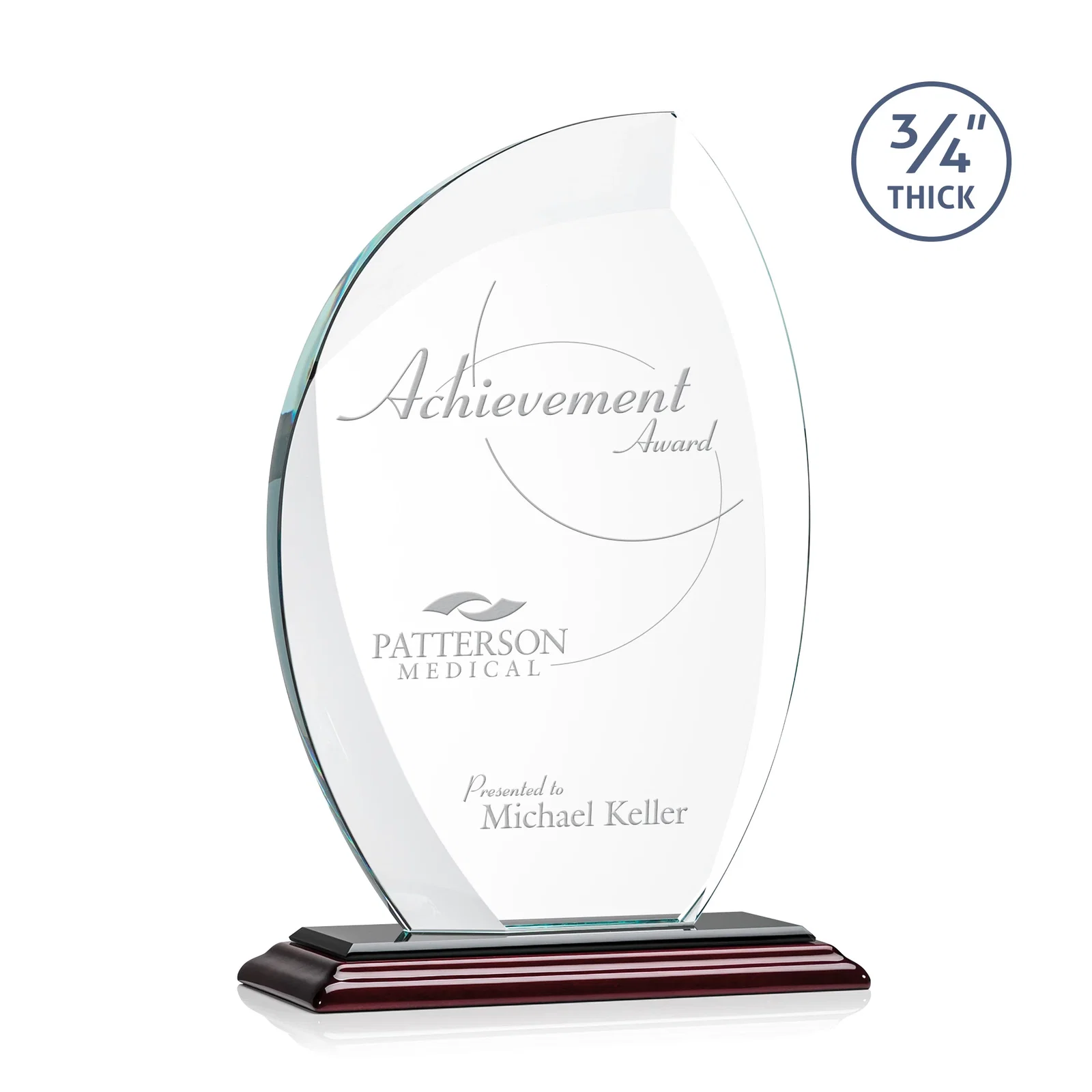 Personalized Starfire Crystal Arch Award on Rosewood and Bamboo Base for company anniversary events