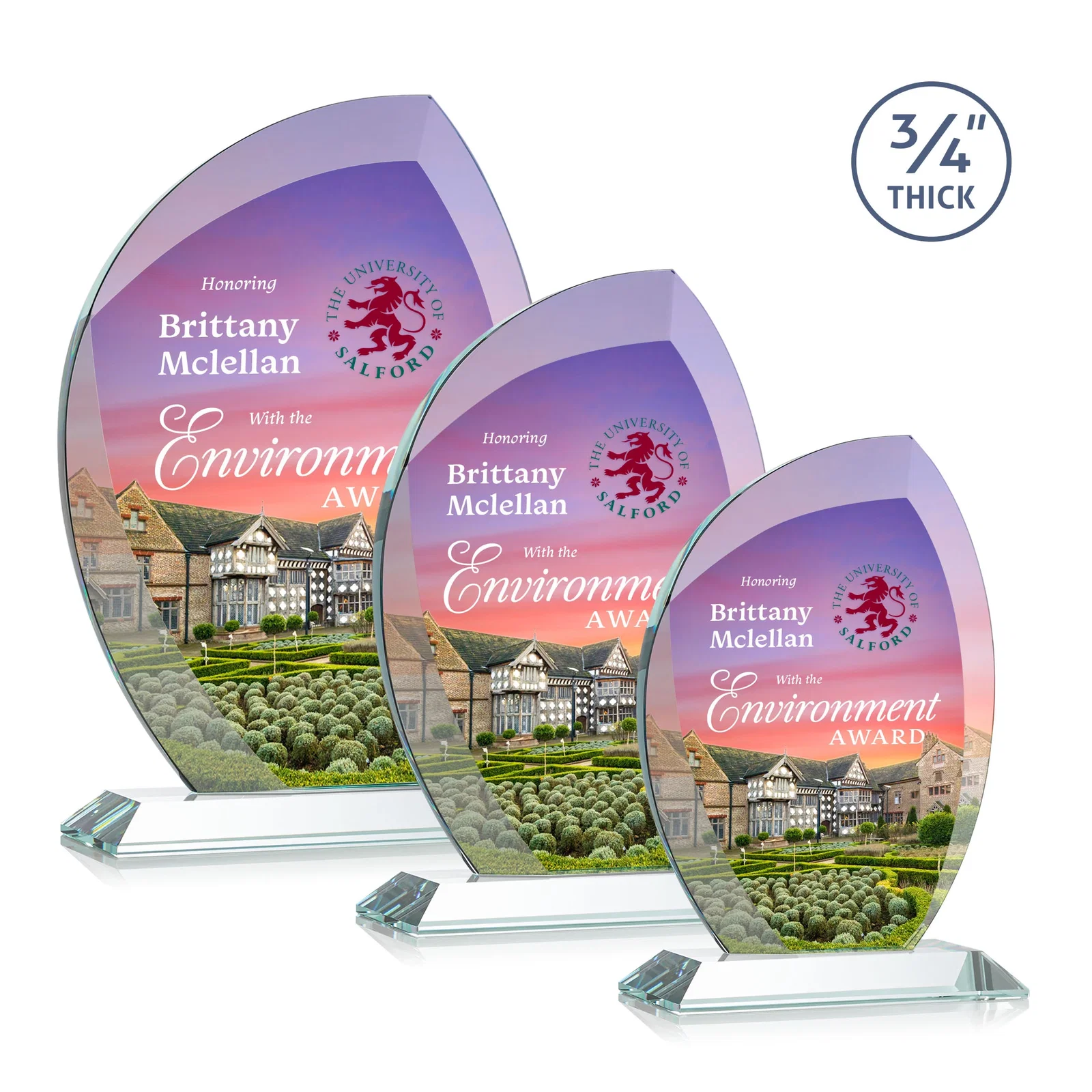 Branded Starfire Crystal Arch Award on Rosewood and Bamboo Base for corporate award ceremonies
