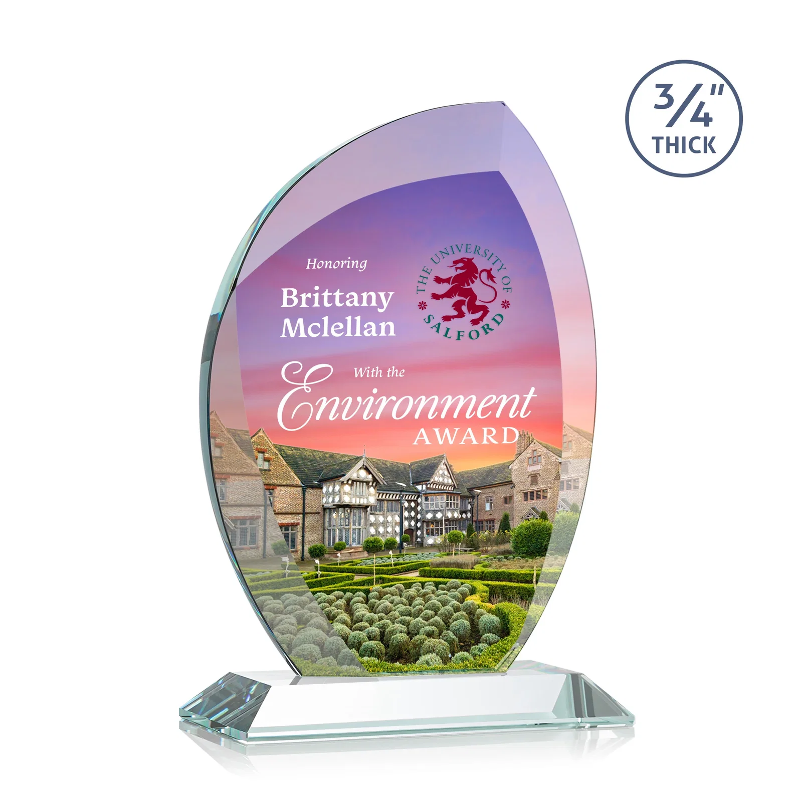 Branded Starfire Crystal Arch Award on Rosewood and Bamboo Base for service anniversary gifts