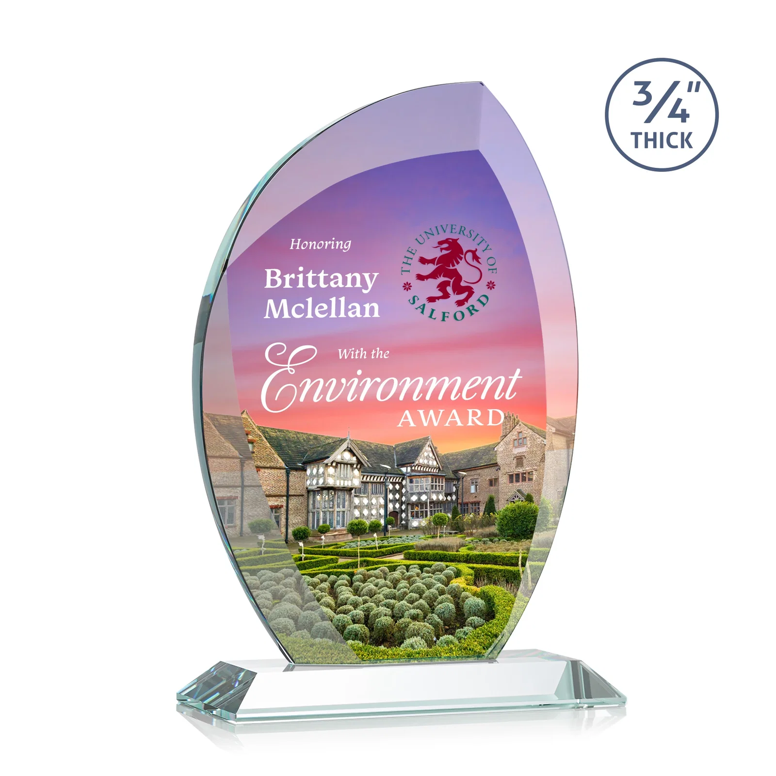 Branded Starfire Crystal Arch Award on Rosewood and Bamboo Base for sales achievement awards