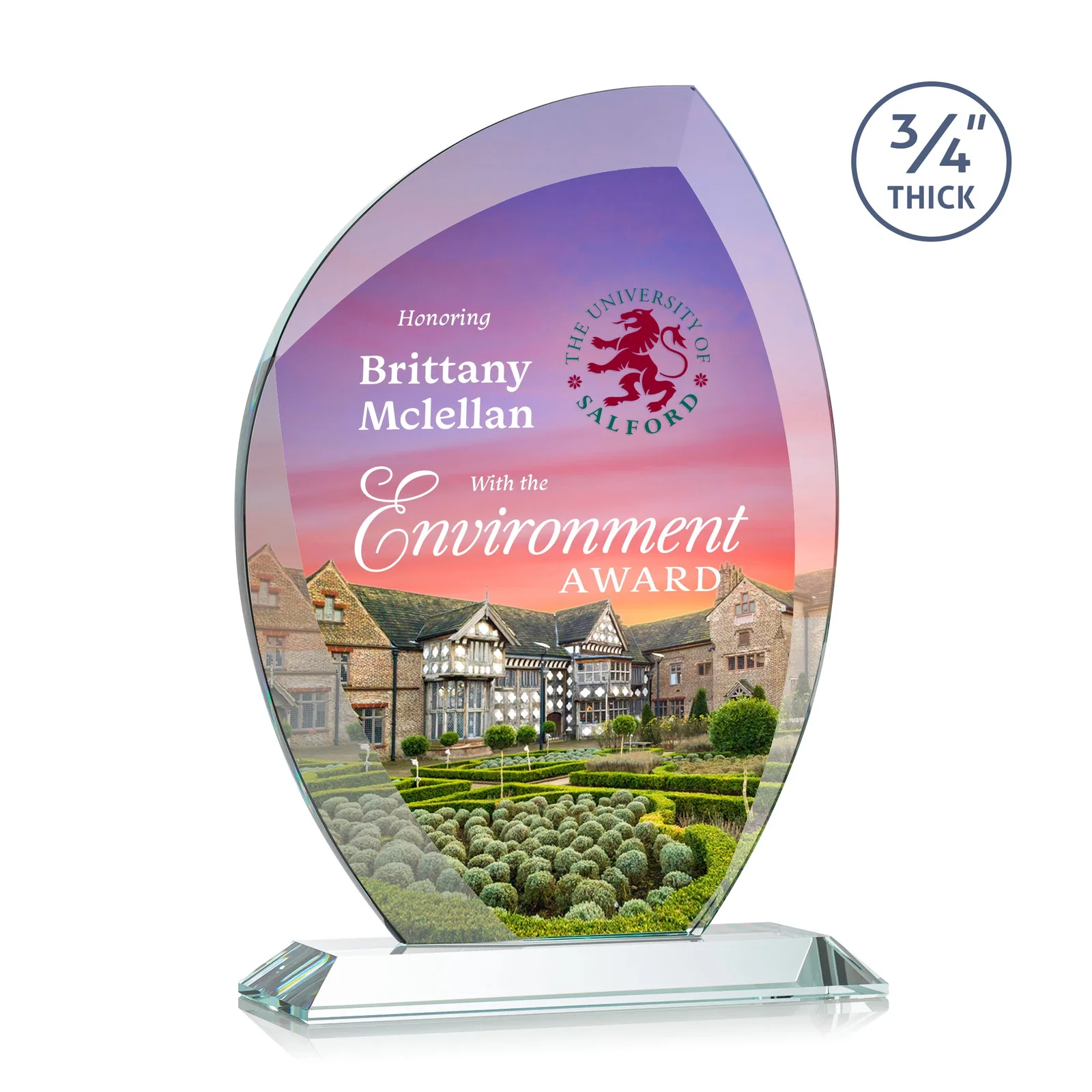Branded Starfire Crystal Arch Award on Rosewood and Bamboo Base for retirement presentations