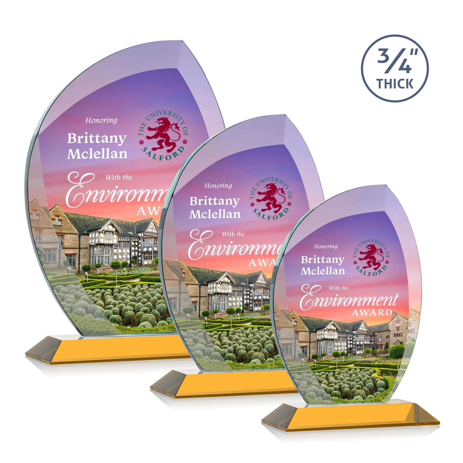 Branded Starfire Crystal Arch Award on Rosewood and Bamboo Base for team milestone celebrations