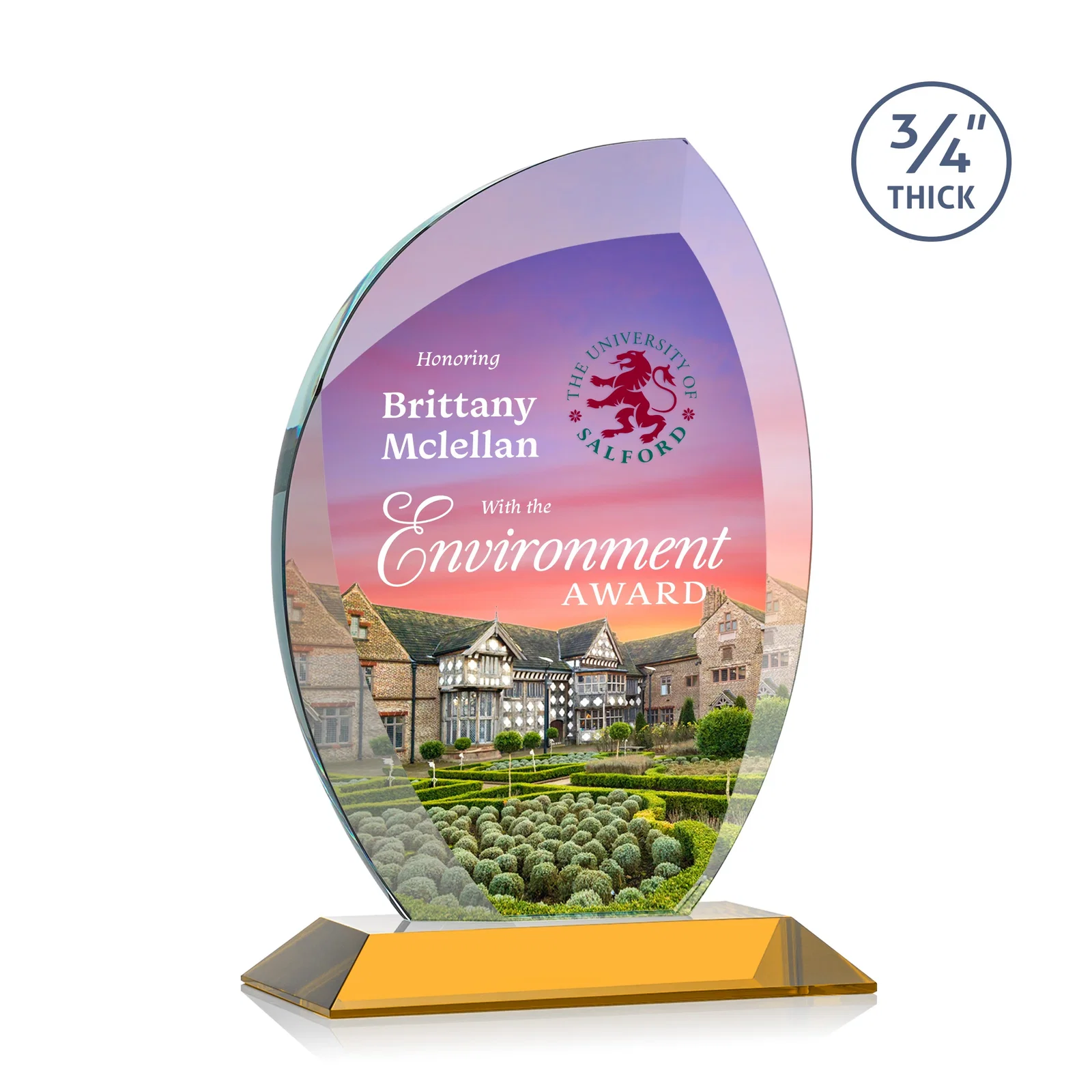 Branded Starfire Crystal Arch Award on Rosewood and Bamboo Base for donor appreciation