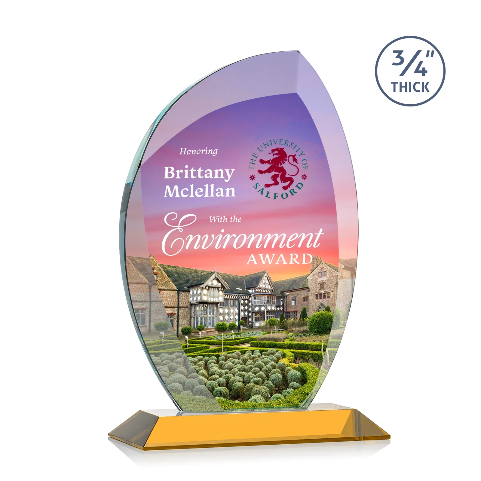 Branded Starfire Crystal Arch Award on Rosewood and Bamboo Base for graduation ceremonies