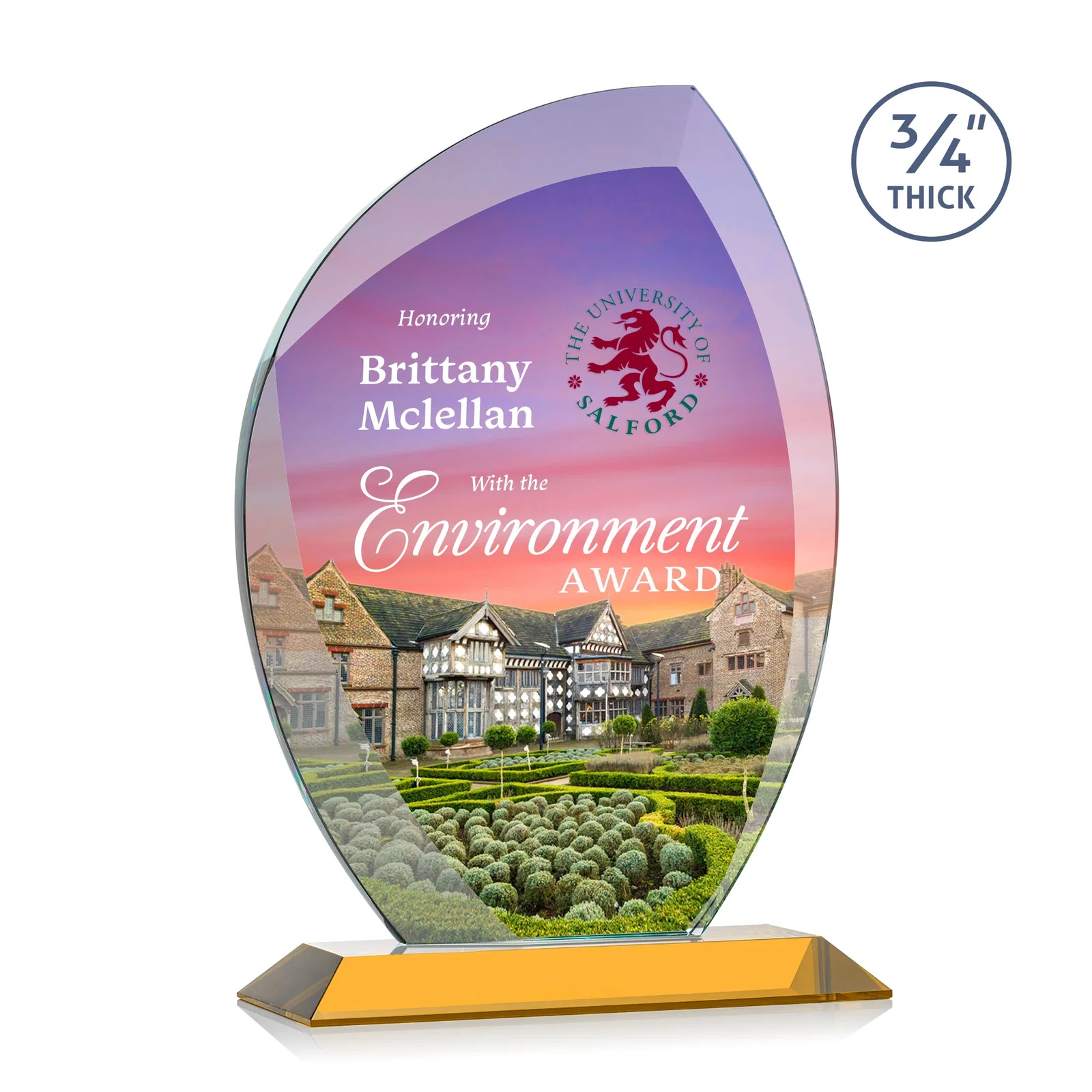 Branded Starfire Crystal Arch Award on Rosewood and Bamboo Base for safety achievement programs