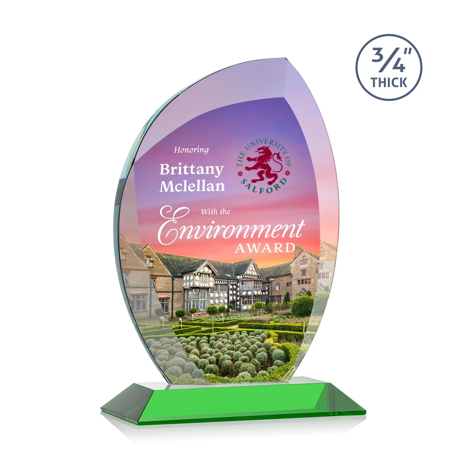 Branded Starfire Crystal Arch Award on Rosewood and Bamboo Base for dealer and partner awards